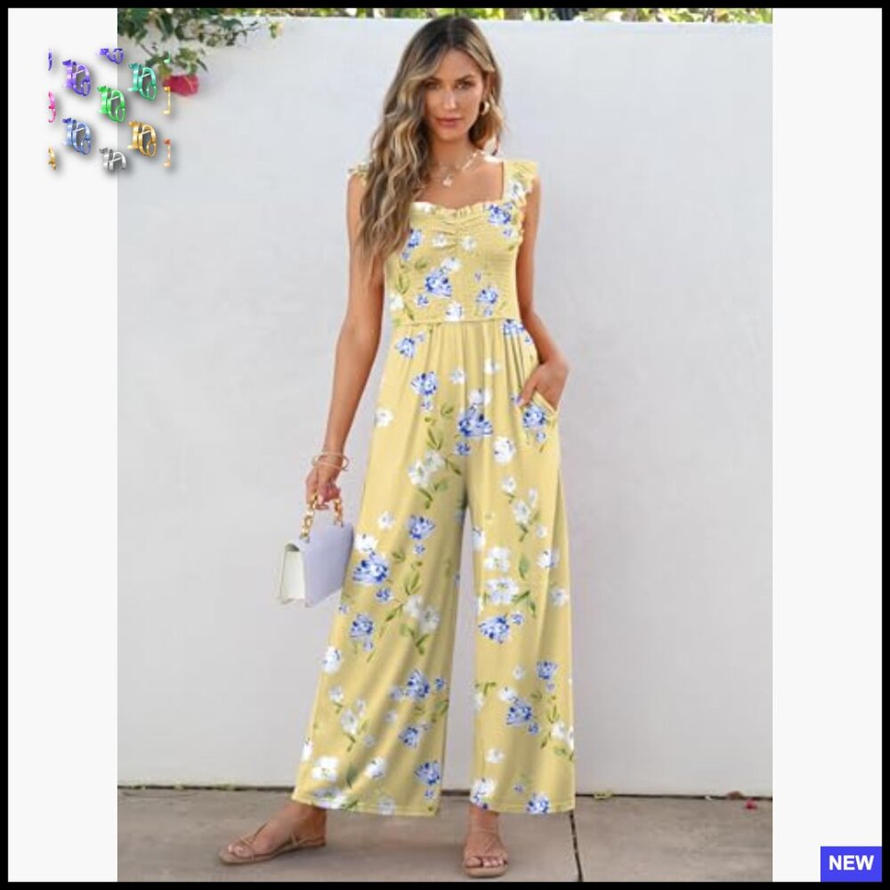 Sleeveless Smocked Jumpsuit Wide Leg Romper Casual Summer Vacation Outfit with - Picture 2 of 7